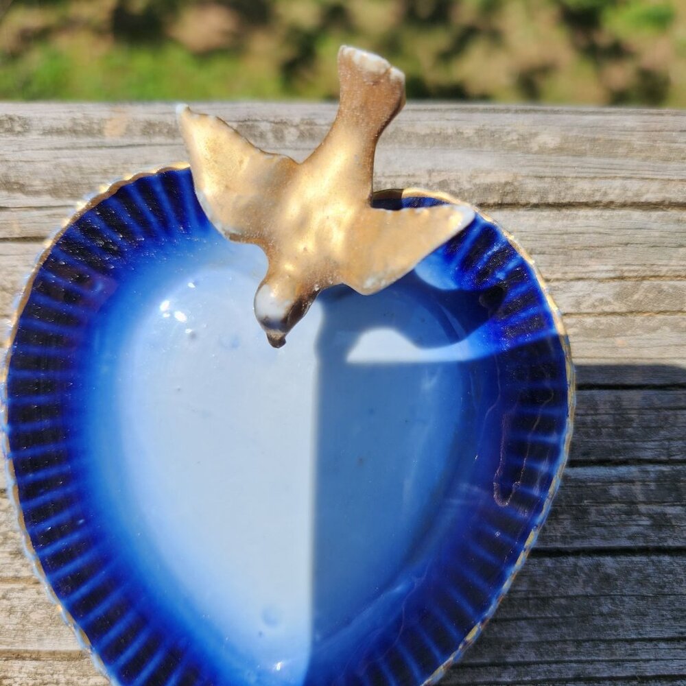 RARE Vintage Made In Germany hand painted Blue and White Ceramic Heart-Shaped Tr